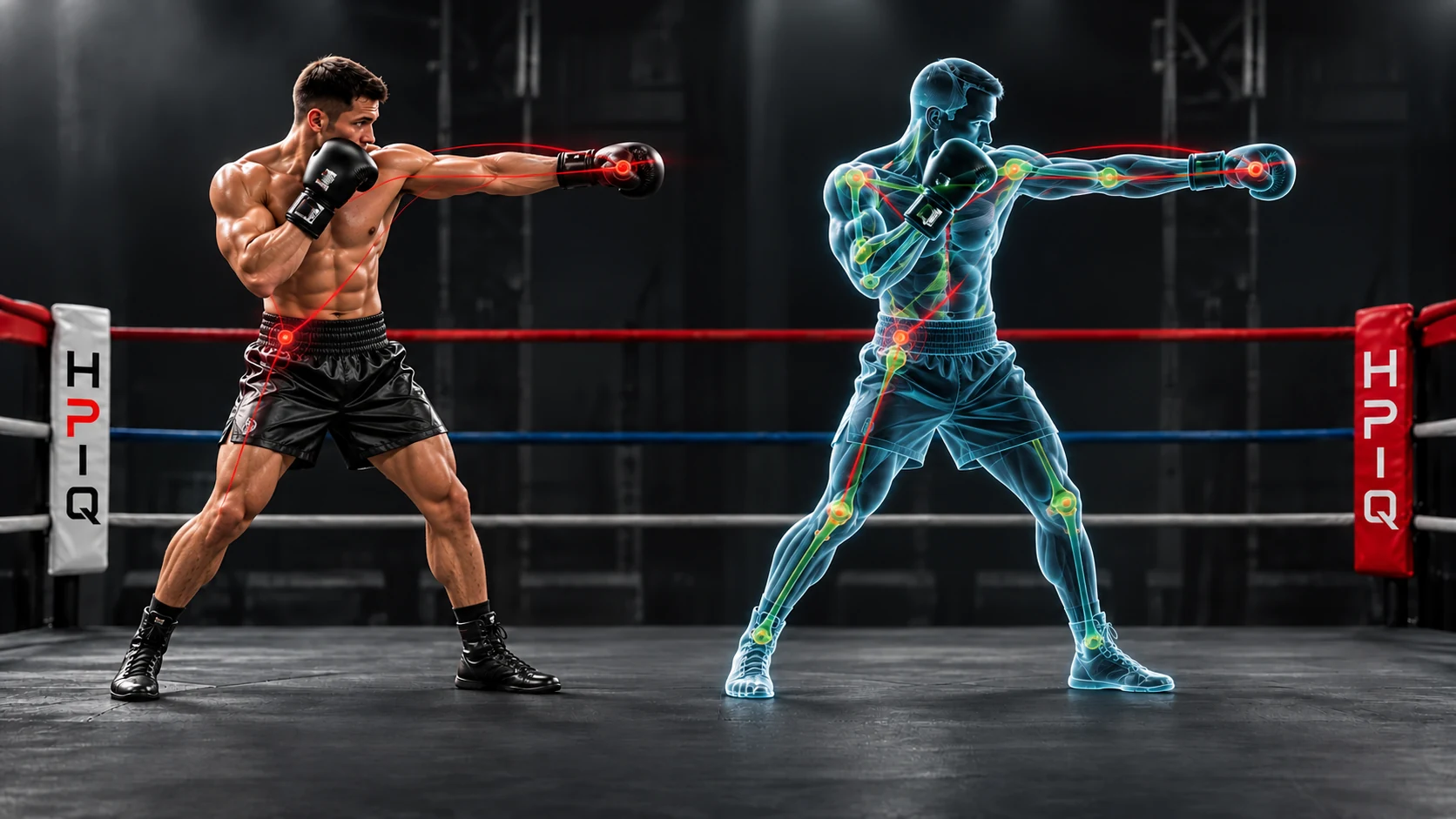 Concept artwork pairing a boxing athlete with a translucent digital representation of the same straight punch.